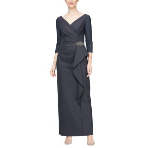 Women's Slimming Long Length ¾ Sleeve Mother of The Bride Dress with Cascade Ruffle Skirt and Side Ruching