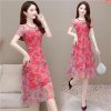 Women's Plus Size Print Mesh Midi Dress Short Sleeve A-Line Knee-Length Summer Dress