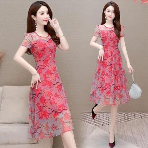 Women's Plus Size Print Mesh Midi Dress Short Sleeve A-Line Knee-Length Summer Dress
