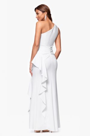 Women's One-Shoulder Gown with Cascading Ruffle Detail and Ruched Waist