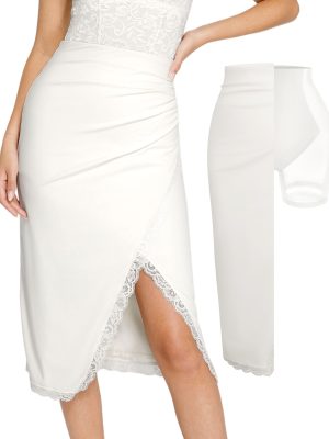 Midi Skirts for Women Lace Shapewear Split Satin High Waisted Bodycon Long Skirt Built-in Tummy Control