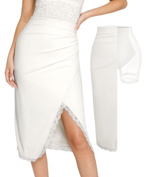 Midi Skirts for Women Lace Shapewear Split Satin High Waisted Bodycon Long Skirt Built-in Tummy Control