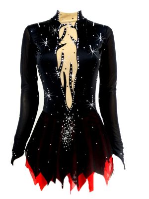 Black Red Figure Skating Costumes - Custom Made Skating Skirts & Long Sleeve Ladies' Costumes