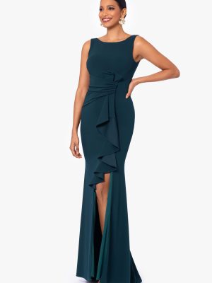 61eZFk4dBEL.jpg Women's Long Sleeveless Boat Neck Ruffle Side Slit Scuba Crepe Gown
