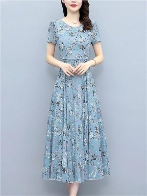 Women's Boho Chiffon Floral Summer Beach Dress Short Sleeve Bodycon Long Party Dress