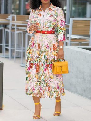 Lapel Three-Quarter Sleeve Knee Length Pleated Floral Women's Sheath Dress