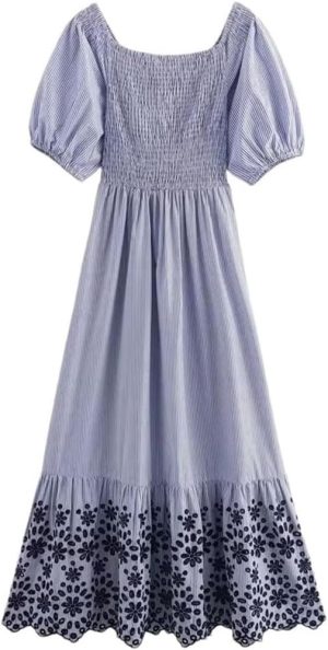 Women's Hollow Out Embroidered Stripe Beach Vacation Dress One Line Collar Summer Casual Midi Dresses