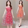Women's Plus Size Print Mesh Midi Dress Short Sleeve A-Line Knee-Length Summer Dress