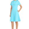 Women's A-line Short Sleeve Gathered Neckline Knee Length Business Casual Cocktail Wedding Guest Dress