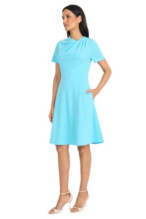 Women's A-line Short Sleeve Gathered Neckline Knee Length Business Casual Cocktail Wedding Guest Dress
