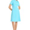 Women's A-line Short Sleeve Gathered Neckline Knee Length Business Casual Cocktail Wedding Guest Dress