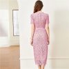 Women's Floral Embroidery Bodycon Lace Dress Bow Neck Short Sleeve Midi Summer Evening Party Dresses