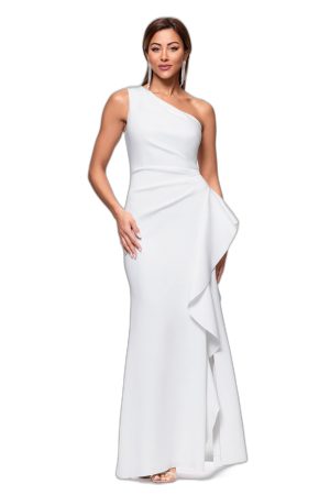 Women's One-Shoulder Gown with Cascading Ruffle Detail and Ruched Waist