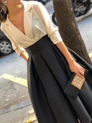 Satin Long Sleeve Prom Dress with Pockets Formal Evening Party Gowns Black Skirt Gown XMD5