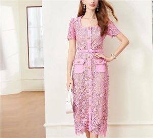 Women's Floral Embroidery Bodycon Lace Dress Bow Neck Short Sleeve Midi Summer Evening Party Dresses