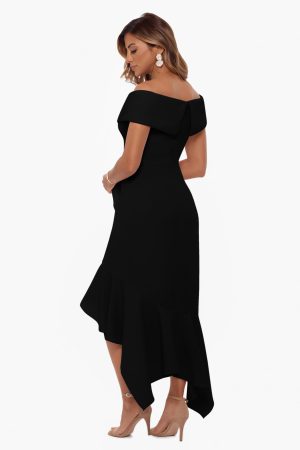 Women's Sweetheart Neckline Off-Shoulder Crepe Midi Dress with Hanky Hem