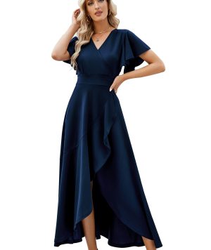 Long Black Formal Dresses for Women Gowns Evening Party Cocktail Dress,Split Elegant V Neck Wrap Ruffle Wedding Guest Dresses