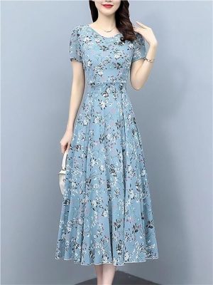 Women's Boho Chiffon Floral Summer Beach Dress Short Sleeve Bodycon Long Party Dress