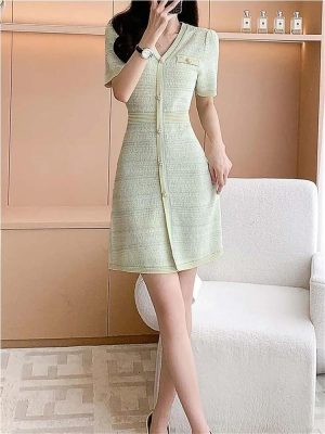 Women's Short Sleeve Knit Dress 2025 Fashion Summer V-Neck Slim Single Breasted A-Line Office Dresses