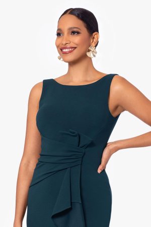 Women's Long Sleeveless Boat Neck Ruffle Side Slit Scuba Crepe Gown