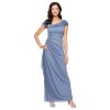 Women's Long L-Neck Glitter Mesh Mother of The Bride Dress with Ruched Neckline (Petite and Regular Sizes)