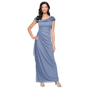 Women's Long L-Neck Glitter Mesh Mother of The Bride Dress with Ruched Neckline (Petite and Regular Sizes)