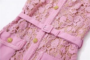 Women's Floral Embroidery Bodycon Lace Dress Bow Neck Short Sleeve Midi Summer Evening Party Dresses