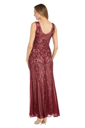 Beaded V-Neck Long Gown W/Mesh Contrast Insets & Sequin Embellishments