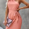 Women's Summer One Shoulder Mini Short Dresses Irregular Hem Belted Fitted Spring Cocktail Party Dress