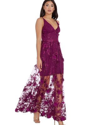 Women's Embellished Plunging Gown Sleeveless Floral Long Dress