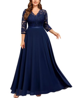 Women's Formal Floral Lace V Neck Plus Size Bridesmaid Party Maxi Dress