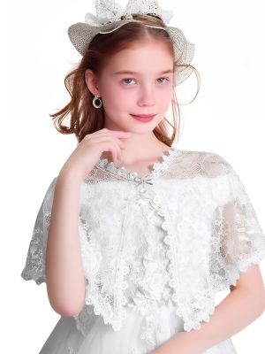 Girl's Elegant Lace Bridal Wedding Shawls, White Floral Embroidered Shrug Bolero Cape Guest Flower Girls