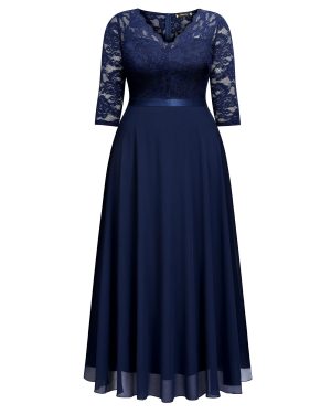 Women's Formal Floral Lace V Neck Plus Size Bridesmaid Party Maxi Dress