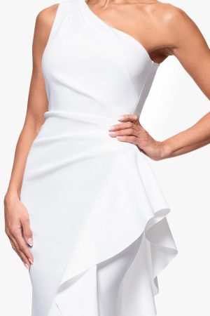 Women's One-Shoulder Gown with Cascading Ruffle Detail and Ruched Waist