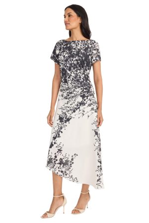 Women's Ruched Waist Asymmetrical Midi Boat Neck Short Sleeve-Special Occasion Wedding Guest Dress