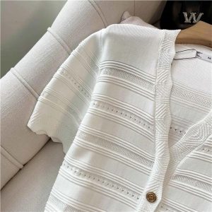 Women's French Knitted Slim A-Line Dress V Neck Short Sleeve Button Hollow Out Sweater Summer Dresses