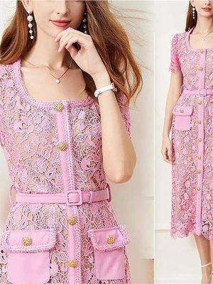 Women's Floral Embroidery Bodycon Lace Dress Bow Neck Short Sleeve Midi Summer Evening Party Dresses
