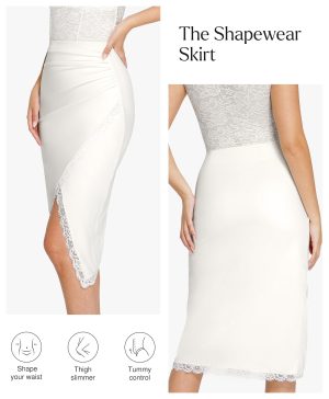 Midi Skirts for Women Lace Shapewear Split Satin High Waisted Bodycon Long Skirt Built-in Tummy Control