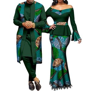 African Couple Outfits Women V-neck Top and Lace Skirts Match Men Dashiki Long Vest Shirt and Pants Sets Men XL 619