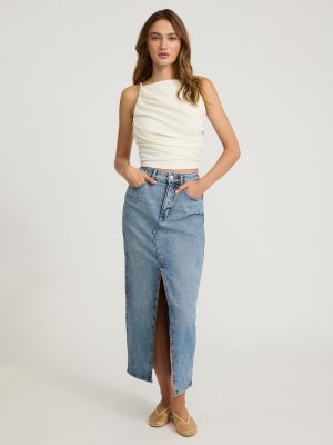 Women's High Waisted Medium Wash Front Slit Maxi Denim Skirt