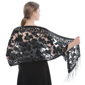 71mlkXfmSFL.jpg Women's Floral Lace Scarf Shawl with Tassels Soft Mesh Fringe Shawls and Wraps for Wedding Evening Party Dresses