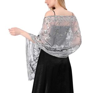 Sequin Floral Shawls and Wraps for Evening Dresses,Women sparkly Sheer Mesh Wedding Shawls for Evening Party