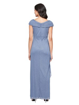 Women's Long L-Neck Glitter Mesh Mother of The Bride Dress with Ruched Neckline (Petite and Regular Sizes)