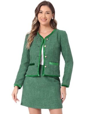 Business Suit Set for Women's 2 Piece Outfits Plaid Tweed Easter Short Blazer Jacket and Skirt Sets