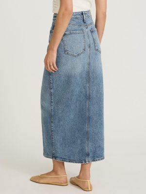 Women's High Waisted Medium Wash Front Slit Maxi Denim Skirt