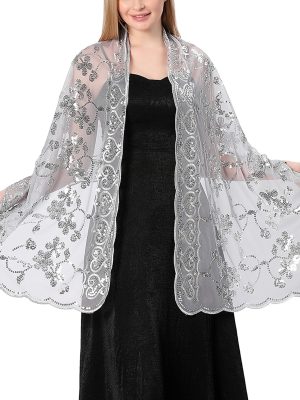 Sequin Floral Shawls and Wraps for Evening Dresses,Women sparkly Sheer Mesh Wedding Shawls for Evening Party