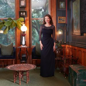 Women's Long A-line Mother of The Bride Dress with Illusion Neck and Sleeves (Petite and Regular Sizes)