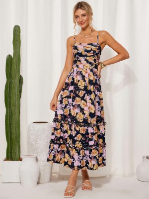 2025 Women's Summer Floral Maxi Dress Casual Sleeveless Ruffle Tiered Wedding Guest Flowy Dresses with Pockets