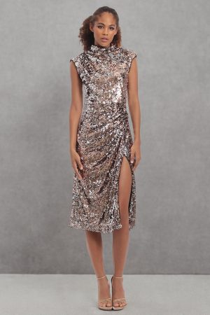 Women's Sequin Mock Neck Midi Dress with Slit