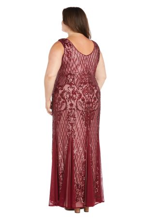 Beaded V-Neck Long Gown W/Mesh Contrast Insets & Sequin Embellishments